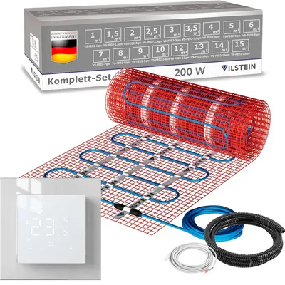Produktbild von VILSTEIN Elektrische Fußbodenheizung 200W/m², für Fliesen Laminat und mehr, Komplett-Set, Twin Technologie Heizsystem, Fußboden Heizmatte, inkl. Thermostat weiß