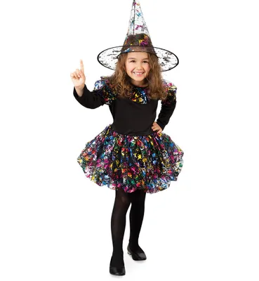 Produktbild von Funkelhexe Kinderkostüm 2-tlg. mit Hexenkleid, Tüllrock und Hexenhut für Halloween und Fasching (128)