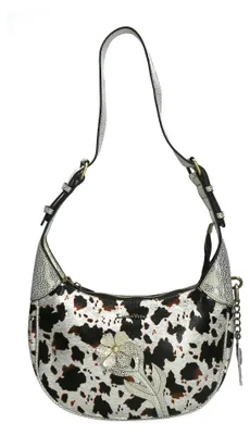 Produktbild von Laura Vita Damen Schultertasche mit Kuhflecken-Muster und Blüte Alba 02, Farbe:Weiß