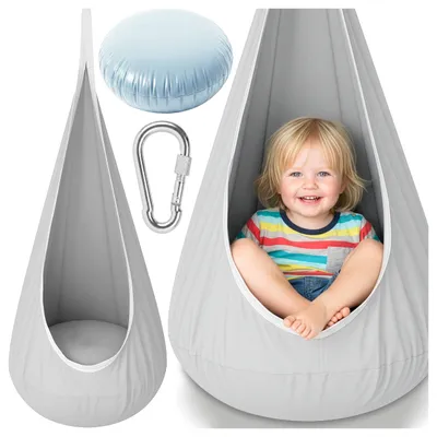 Obrázok produktu pre Závesný kokon pre deti Závesné kreslo s vankúšom Malplay, šedá, bavlnená zmes, nosnosť 60 kg, od 3 rokov
