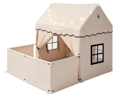Productafbeelding van COSTWAY Kindertent voor binnen, speeltoestel voor kinderen met een omheining, kinderspeelhuis met een gevoerde mat, sterrenlichtjes, gordijn en raam, geschikt voor kinderen vanaf 3 jaar