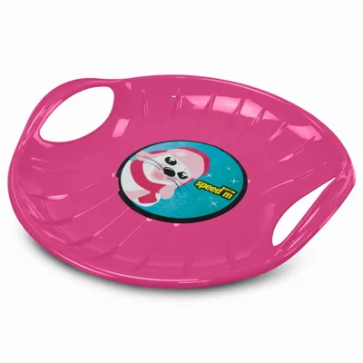 A pink plastic sled with a cartoon seal graphic on it.