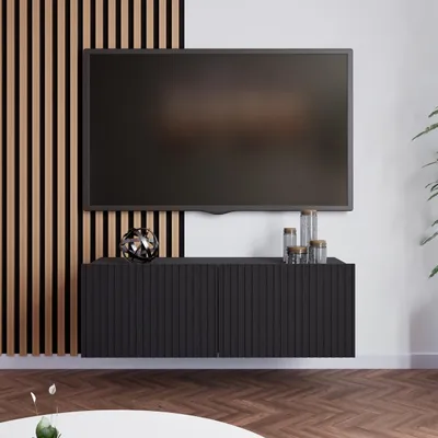 Produktbild von BEAUTYSOFA | TV-Schrank KAVELL 100 cm geriffelte Fronten, hängend/stehend, Fernseherschrank mit 2 Türen, Schwarz