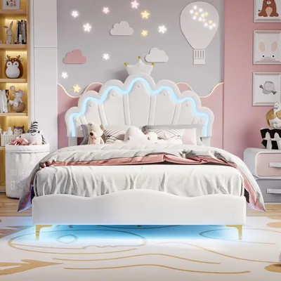 Immagine prodotto di Letto per bambini INONEFT, imbottito, 140x200 cm, letto per bambine, design principessa con LED, poggiatesta regolabile in altezza, letto per adolescenti, design a , colore bianco PU