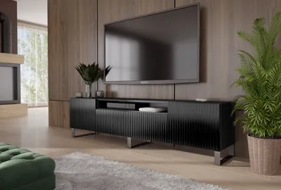 Produktbild von ALTDECOR TV-Schrank CIRA-S mit Gefrästen Fronten,  bodenstehend, 200 x 53 x 41 cm, 3 Fächer mit Klapptür links, rechts und nach Unten, TV-Lowboard mit Push-to-Open-System, mit stabilen Kufen - Schwarz
