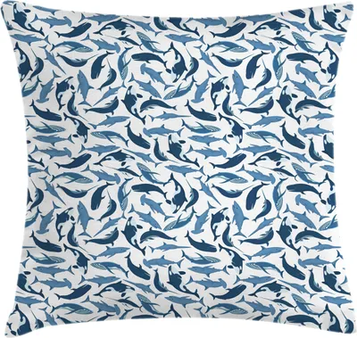 Zdjęcie produktu dla ABAKUHAUS Poszewka na poduszkę z motywem wielorybów, różne gatunki rekinów i ssaków morskich oraz narwale na prostym tle, 40 x 40 cm, biała i granatowa