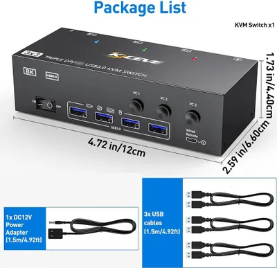 Obrázek produktu pro KCEVE KVM303DH Přepínač KVM kompatibilní s HDMI 3 in 3 out 8K@60Hz, 4K@144Hz Trojitý monitor Přepínač kompatibilní s USB 3.0 HDMI+DP pro klávesnici, myš, U-Disk a tiskárnu Kompatibilní s Linux, Windows, Chrome OS, Mac OS