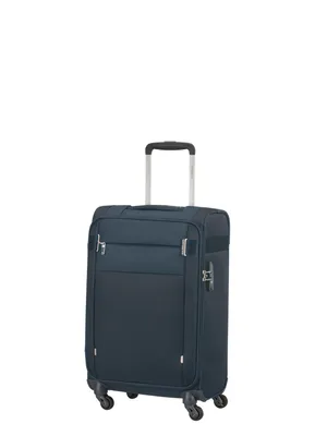A navy blue Samsonite suitcase is shown against a white background.