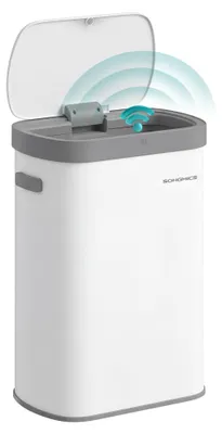 Image de SONGMICS, poubelle à capteur, 50 litres, couvercle à fermeture douce, acier – blanc