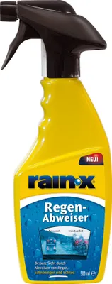 A yellow spray bottle of Rain-X "Regen-Abweiser" (Rain Repellent) product against a white background.