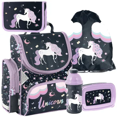 Produktbild von Schulrucksack Mädchen Jungen Motiv UNICORN 5 T Set Rucksack, Federmäppchen, Schuhbeutel, Trinkflasche, Frühstückstasche Mega-Set Paso EINHORN