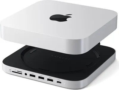 Produktbild von Satechi USB-C Halter/Hub für Mac Mini/Studio (SSD) – Bis zu 5 Gbps USB-C Datenanschluss – 3 x USB-A Datenanschlüsse – Micro/SD-Kartenleser und 3,5mm Audio-Klinkenanschluss