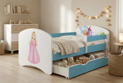 Obrázok produktu pre Detská postieľka Happy Babies s bočnicou proti vypadnutiu pre chlapcov, 140 x 70 cm, do detskej izby, so zásuvkou, matrac, jednolôžková detská postieľka, modrá, farebné nálepky