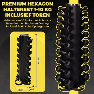 Image de Ensemble d'haltères de 1 à 10 kg, complet - Haltères hexagonaux avec support - Revêtement en caoutchouc