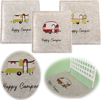 LS-LebenStil Filz Sitzkissen Happy Camper 35x35cm Beige Quadratisch Stuhlkissen Camping Caravan Wohnwagen Bierbank Deko-Kissen