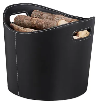 Productafbeelding van TRANKIELO® - Houtmand kunstleer zwart - Stevige opbergmand met handgrepen - Ovaal design - Voor haardhout en tijdschriften