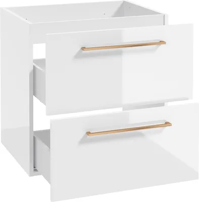 Produktbild von Waschtischunterschrank mit Metallgriffen in kupfer, 60 cm breit mit 2 Schubkästen, in weiß Hochglanz lackiert MESSINA-107, B/H/T: ca. 60/60/45 cm