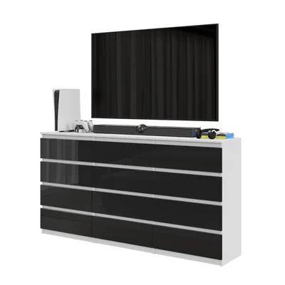 Produktbild von Großes TV-Board / Sideboard GABRIEL mit 12 Schubladen – 180 cm – Weiß Matt / Schwarz Hochglanz – Moderne Kommode für Wohnzimmer – Set