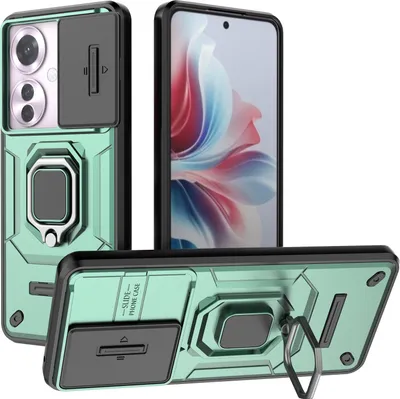 Image de Etui pour Oppo Reno11 F étui double couche avec protection coulissante de l'appareil photo et support d'anneau, stand vert