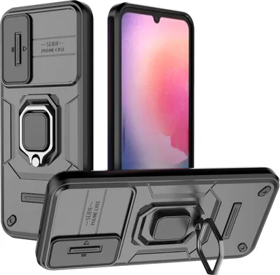 Produktbild von Hülle für Samsung Galaxy A24 4G Dual Layer Handyhülle Schiebe Kamera Schutz und Ringhalter Ständer Schwarz
