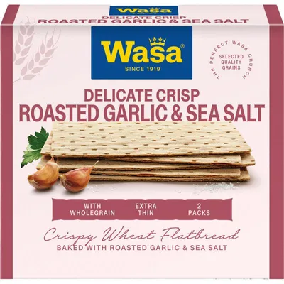 Produktbild von Wasa Delicate Crisp Knäckebrot mit geröstetem Knoblauch & Meersalz, 190 g