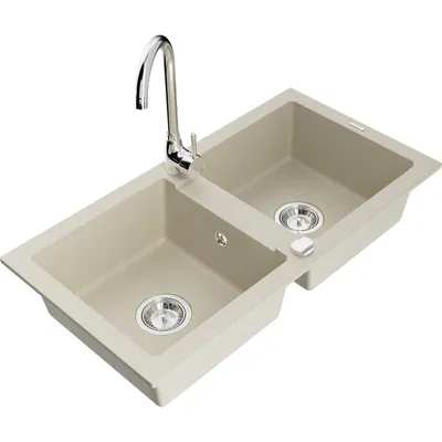 Zdjęcie produktu dla Mexen Mario zlewozmywak granitowy 2-komorowy z baterią kuchenną Telma, beżowy - 6504-69-670200-00