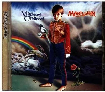Album cover art for Marillion's "Misplaced Childhood" featuring a young boy in a military-style uniform holding a magpie.