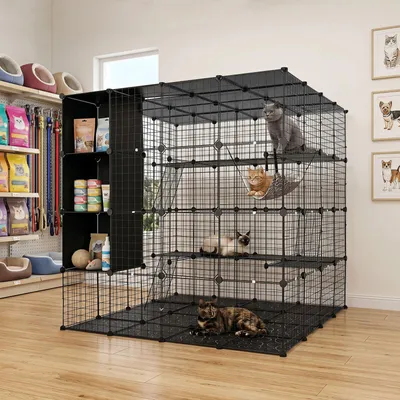 Produktbild von COSTWAY Modularer Katzenkäfig, 144x144x142cm faltbares Katzengehege mit Dachluke, Plattformen, Hängematte, 3 Leitern & 3 Aufbewahrungswürfeln, Schwarz