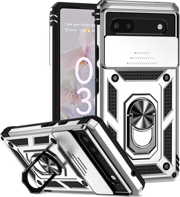 Produktbild von Google Pixel 6A Hülle mit Schiebe Kamera Schutz und Ringhalter Ständer Robust Rüstung Schutzhülle für Google Pixel 6A Silber