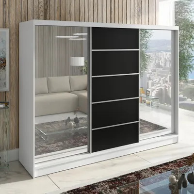 Produktbild von Schwebetürenschrank TOP, 3-türig Schrank 200 cm Kleiderschrank mit Schubladen, und Spiegel