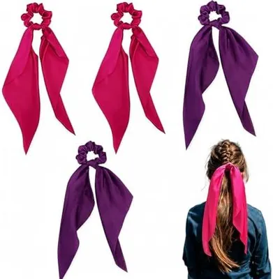 Produktbild von 4 Stück Chiffon Scrunchies mit Schleife – Elastische Haargummis in Rosenrot und Violett, Seidige Scrunchies für Damen, Mit Kaninchenohren Design, Perfekt für Alltags- und Festtagsfrisuren