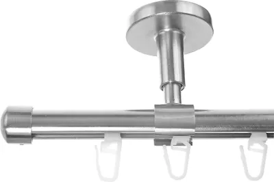Produktbild von Innenlauf Gardinenstange Edelstahl look, Durchmesser 16mm, Deckenträger D70, 1-läufig, Länge 140, Endkappe E17