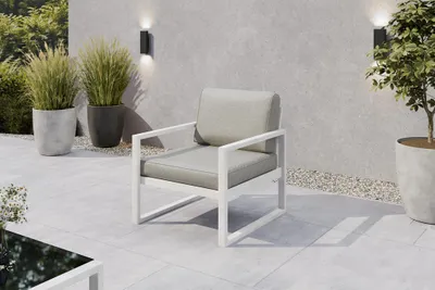 Image de Margaret Hadas24 Fauteuil de jardin d'extérieur Madera Lounge, chaise de jardin pour terrasse ou balcon, résistant aux intempéries, mobilier de balcon en métal, banc avec dossier, blanc, beige