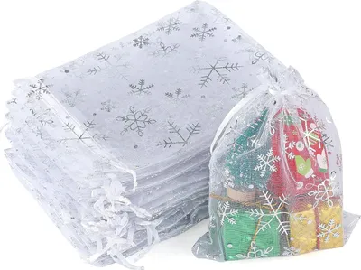 Produktbild von 13x18 cm Organzas?ckchen Weihnachten, Wei? Weihnachten Organzabeutel, 50 Stš¹ck Gro? Geschenk Organzabeutel, Schneeflocke Organzas?ckchen mit Kordelzug fš¹r Geschenk Weihnachten Deko
