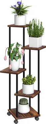 Obrázok produktu pre Outsunny 5-stupňový stojan na rastliny s kolieskami, stojan na kvety pre interiér exteriér, stojan na rastliny z ocele, dreva, viacstupňový stojan na kvety, 110 cm vysoké kvetinové schody do obývačky, záhradné balkónové dekorácie, zuhoľnatené