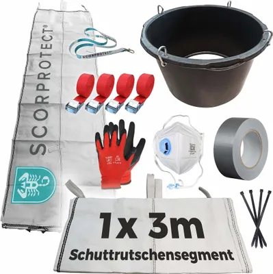 A collection of construction safety and material handling items arranged on a white background.