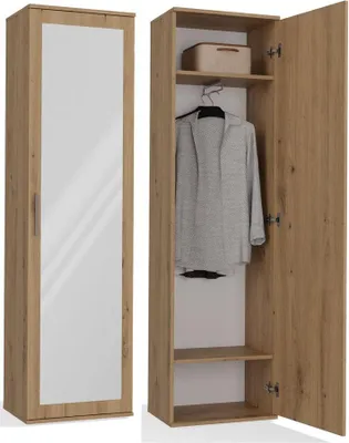 Obrázek produktu pro Šatní skříň „DUO“ se zrcadlem a 2 policemi – prostorná skříň do předsíně | Barva: dub Artisan | 50 x 35 x 180 cm