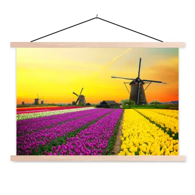 Produktbild von MuchoWow® Textilposter Windmühle - Tulpen - Blumen - Frühling 120x80 cm mit holzfarbenen Rahmen - Aufhängeset