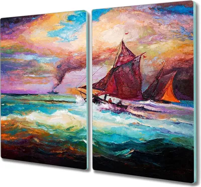 Produktbild von Coloray Herdabdeckplatte 2x30x52 cm Schneidebrett Kochplattenabdeckung Küchenbrett Hackbrett - Meereswellen Schiffe