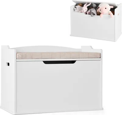 Produktbild von DREAMADE Spielzeugkiste mit Deckel, Kinderbank mit Kissen, Spielzeugtruhe Kindertruhe, Aufbewahrungsbox Kinder 74 x 39 x 52 cm für Kinderzimmer Spielzimmer (Weiß)