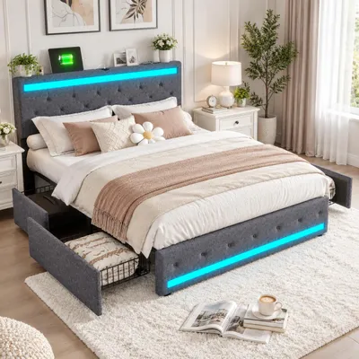 Produktbild von INONEFT Doppelbett 160 x 200 cm, Polsterbett mit 4 Schubladen und Lattenrost, Erwachsenenbett mit LED und USB, Leinen, Dunkelgrau, ohne Matratze