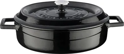 A black enameled cast iron pot with a lid is shown against a white background.