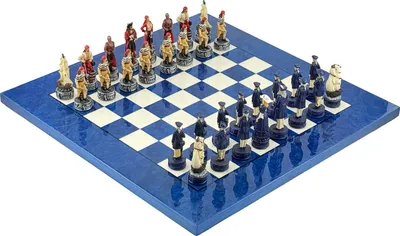 Obrázok produktu pre Šachová sada Piráti proti vojnovému loďstvu s šachovnicou MADRONA v bielych/modrých odtieňoch, 42 cm