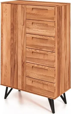 Produktbild von Kommode Rolo aus Kernbuche massiv 91x45x140 mit 1 Tür 6 Schubladen Metallbeinen