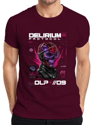 Zdjęcie produktu dla T-shirt męski, Delirium Protocol, motyw: Cyber Skull, styl: Futurismus, inspirowany Japonią i estetyką Y2K, w stylu Synthwave, kolor: burgundowy, rozmiar: M