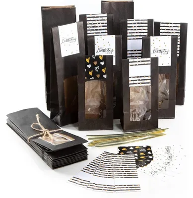 Produktbild von 20 schwarze Blockbodenbeutel mit Aufkleber HAPPY BIRTHDAY - 26,5 x 8,5 x 5 cm