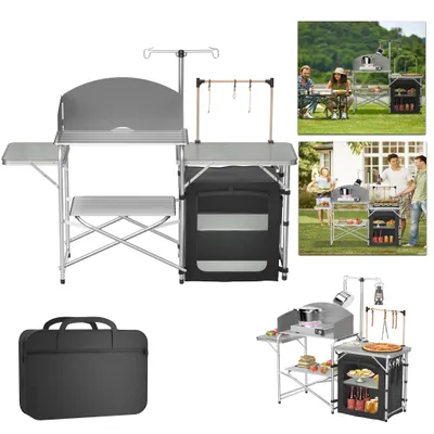Image de UISEBRT Armoire de cuisine portable de camping avec 3 plans de travail, support de lumière et pare-vent, pour le camping, la plage et les voyages - sac de transport inclus