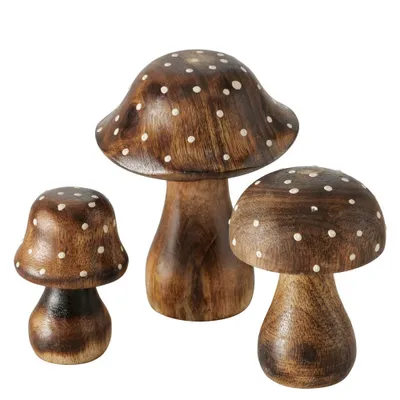 Produktbild von 3tlg. Holzpilz PUCKY braun weiß gepunktet aus Mangoholz Herbstdeko (3 Größen)