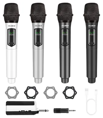 Immagine prodotto di Set di microfoni wireless a 4 canali - frequenza 2,4 GHz - dinamici e ricaricabili, ideali per karaoke e feste