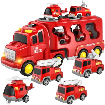 Produktbild von Toys Truck de Transport fuer 3-6 Jahre, Feuerwehr 7 in 1 Truck Spielzeug Kind Auto Geschenk Geburtstag Fahrzeuge, Reibung Kraft Spielzeug fuer Jungen Maedchen 1 2 3 4 5 6 Jahre,Rot